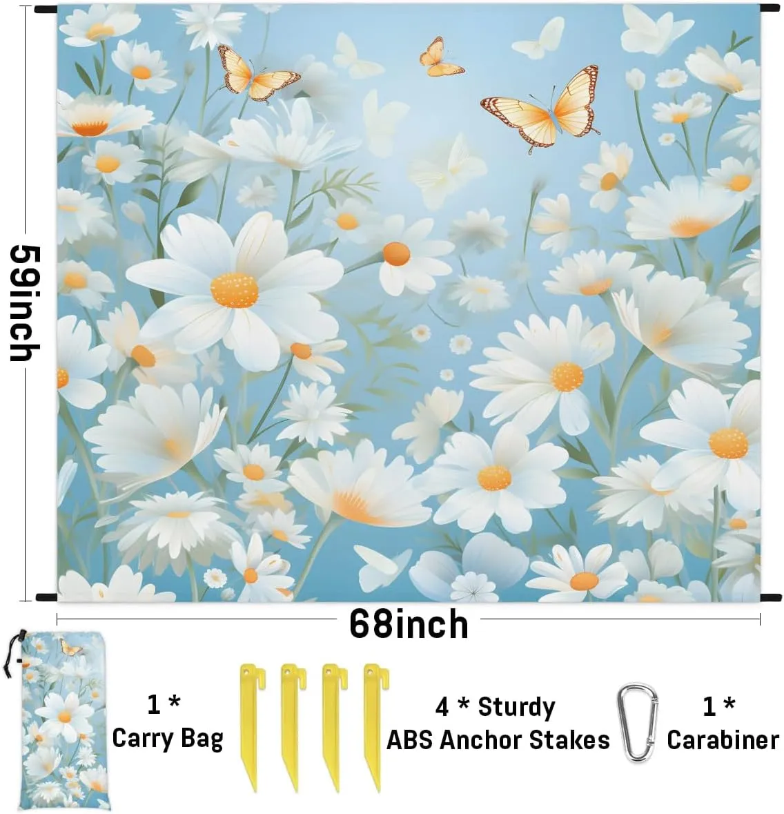 Beach Blanket, Spring Daisy Sandproof Beach Mat, Waterproof Quick Drying Sand Free Mat with 4 x Ground Spikes for Outdoor Travel Camping Hiking, Summer Floral 68 x 59 in