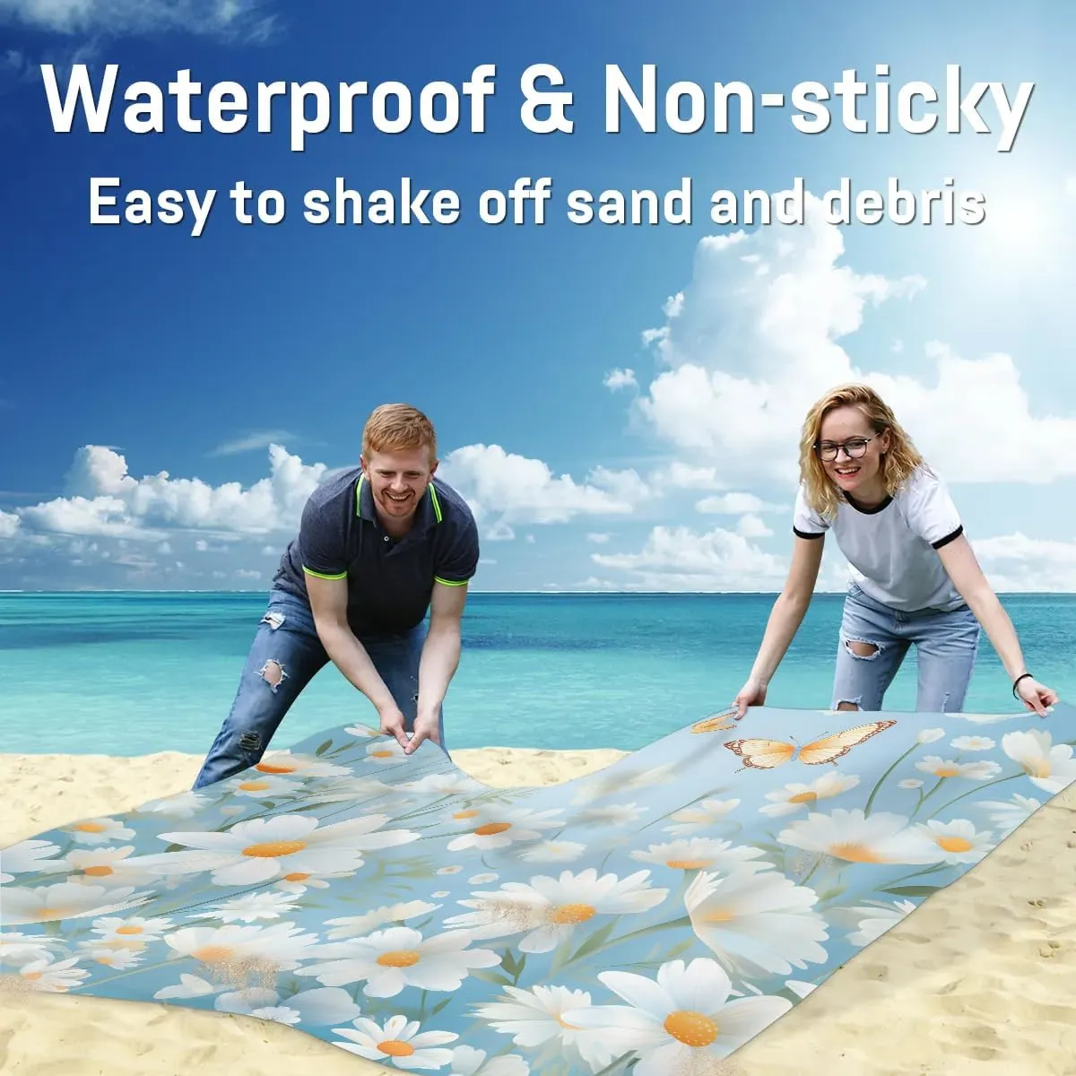 Beach Blanket, Spring Daisy Sandproof Beach Mat, Waterproof Quick Drying Sand Free Mat with 4 x Ground Spikes for Outdoor Travel Camping Hiking, Summer Floral 68 x 59 in