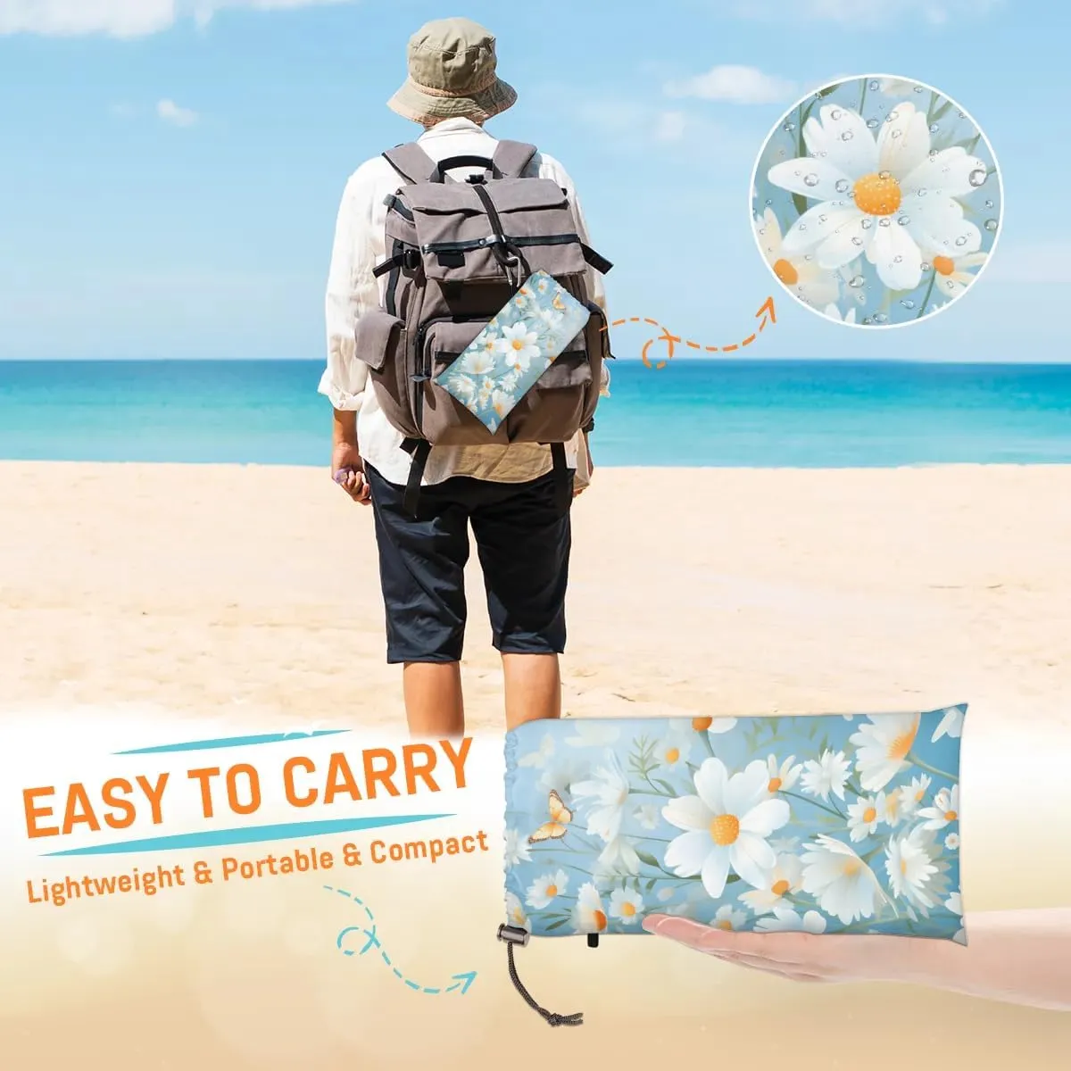 Beach Blanket, Spring Daisy Sandproof Beach Mat, Waterproof Quick Drying Sand Free Mat with 4 x Ground Spikes for Outdoor Travel Camping Hiking, Summer Floral 68 x 59 in