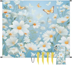 Beach Blanket, Spring Daisy Sandproof Beach Mat, Waterproof Quick Drying Sand Free Mat with 4 x Ground Spikes for Outdoor Travel Camping Hiking, Summer Floral 68 x 59 in