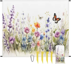 Beach Blanket, Summer Flowers Butterfly Sandproof Beach Mat, Waterproof Quick Drying Sand Free Mat with 4 x Ground Spikes for Outdoor Travel Camping Hiking, Spring Wild Flower 68 x 59 in