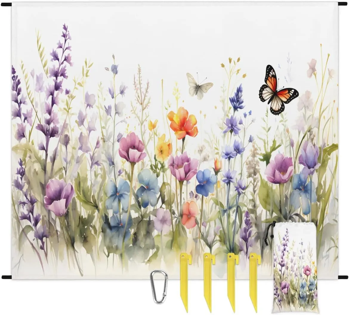 Beach Blanket, Summer Flowers Butterfly Sandproof Beach Mat, Waterproof Quick Drying Sand Free Mat with 4 x Ground Spikes for Outdoor Travel Camping Hiking, Spring Wild Flower 68 x 59 in