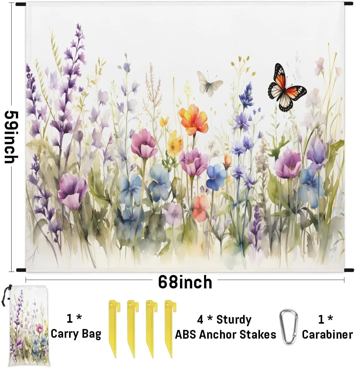 Beach Blanket, Summer Flowers Butterfly Sandproof Beach Mat, Waterproof Quick Drying Sand Free Mat with 4 x Ground Spikes for Outdoor Travel Camping Hiking, Spring Wild Flower 68 x 59 in