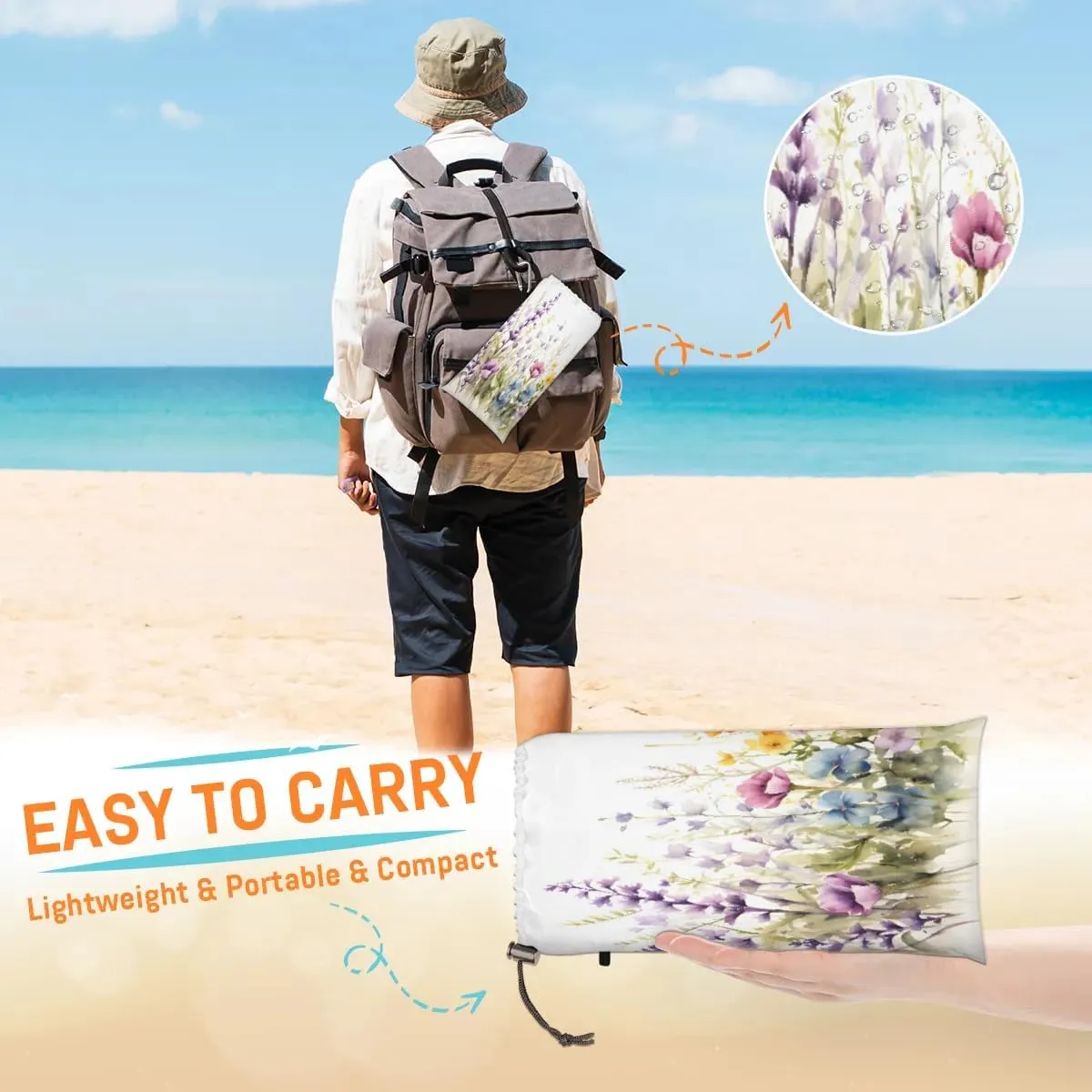 Beach Blanket, Summer Flowers Butterfly Sandproof Beach Mat, Waterproof Quick Drying Sand Free Mat with 4 x Ground Spikes for Outdoor Travel Camping Hiking, Spring Wild Flower 68 x 59 in