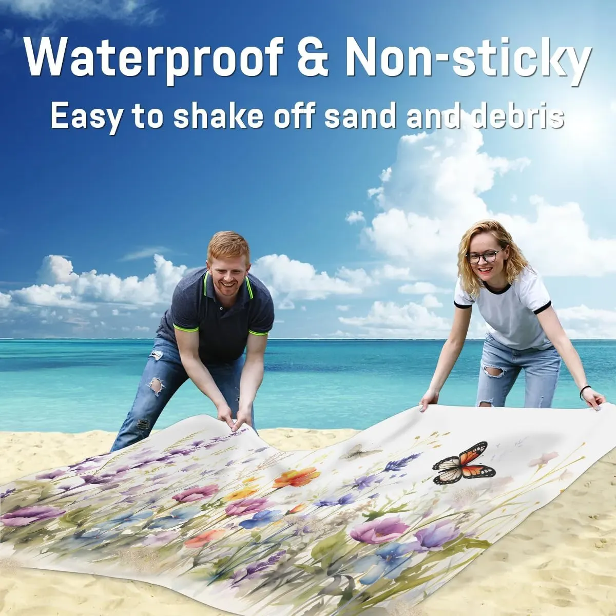 Beach Blanket, Summer Flowers Butterfly Sandproof Beach Mat, Waterproof Quick Drying Sand Free Mat with 4 x Ground Spikes for Outdoor Travel Camping Hiking, Spring Wild Flower 68 x 59 in