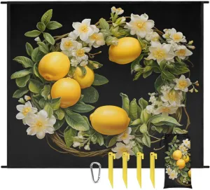 Beach Blanket, Summer Lemons Sandproof Beach Mat, Waterproof Quick Drying Sand Free Mat with 4 x Ground Spikes for Outdoor Travel Camping Hiking, White Floral 68 x 59 in