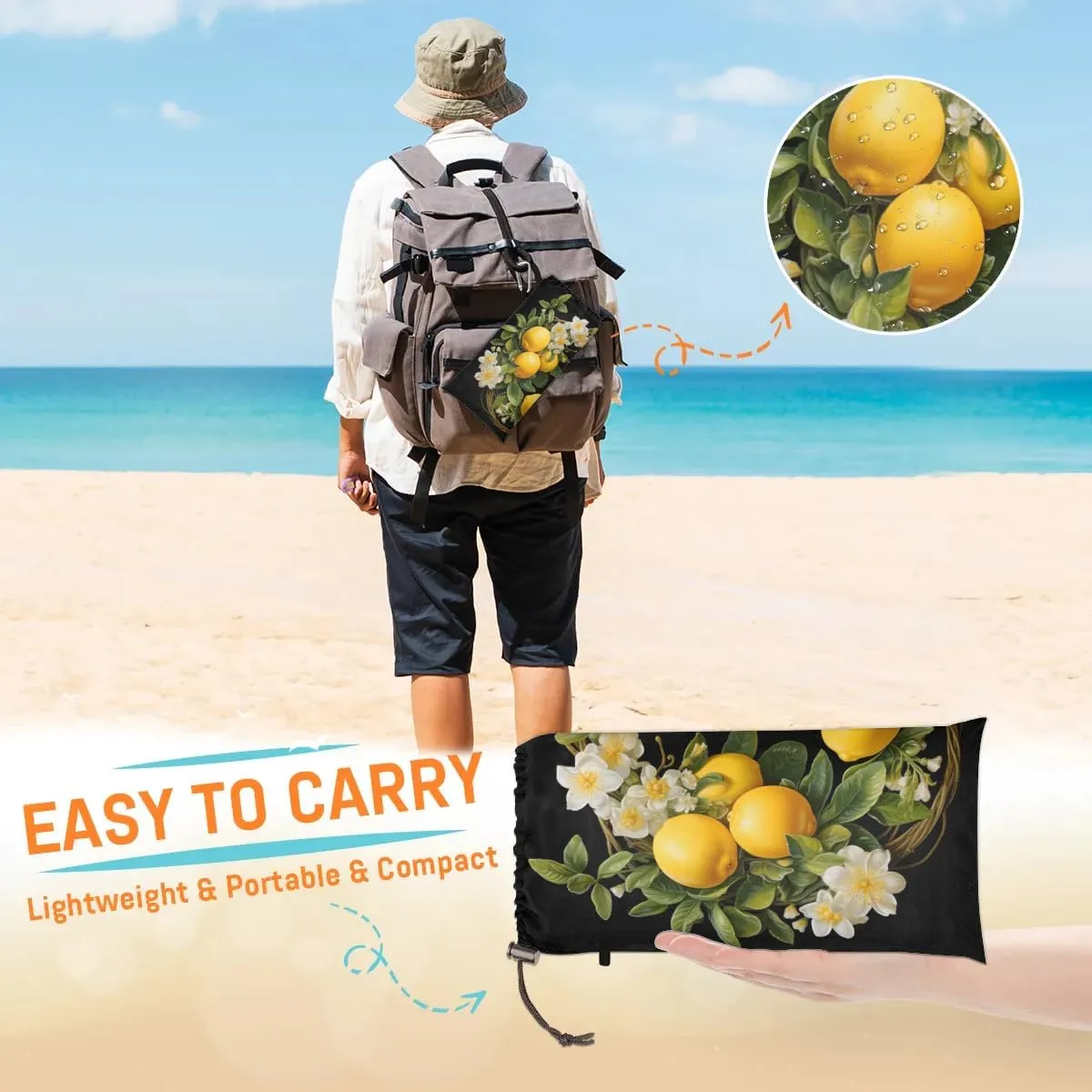 Beach Blanket, Summer Lemons Sandproof Beach Mat, Waterproof Quick Drying Sand Free Mat with 4 x Ground Spikes for Outdoor Travel Camping Hiking, White Floral 68 x 59 in