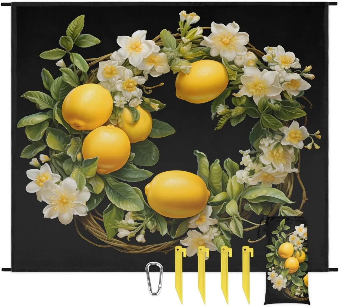 Beach Blanket, Summer Lemons Sandproof Beach Mat, Waterproof Quick Drying Sand Free Mat with 4 x Ground Spikes for Outdoor Travel Camping Hiking, White Floral 68 x 59 in