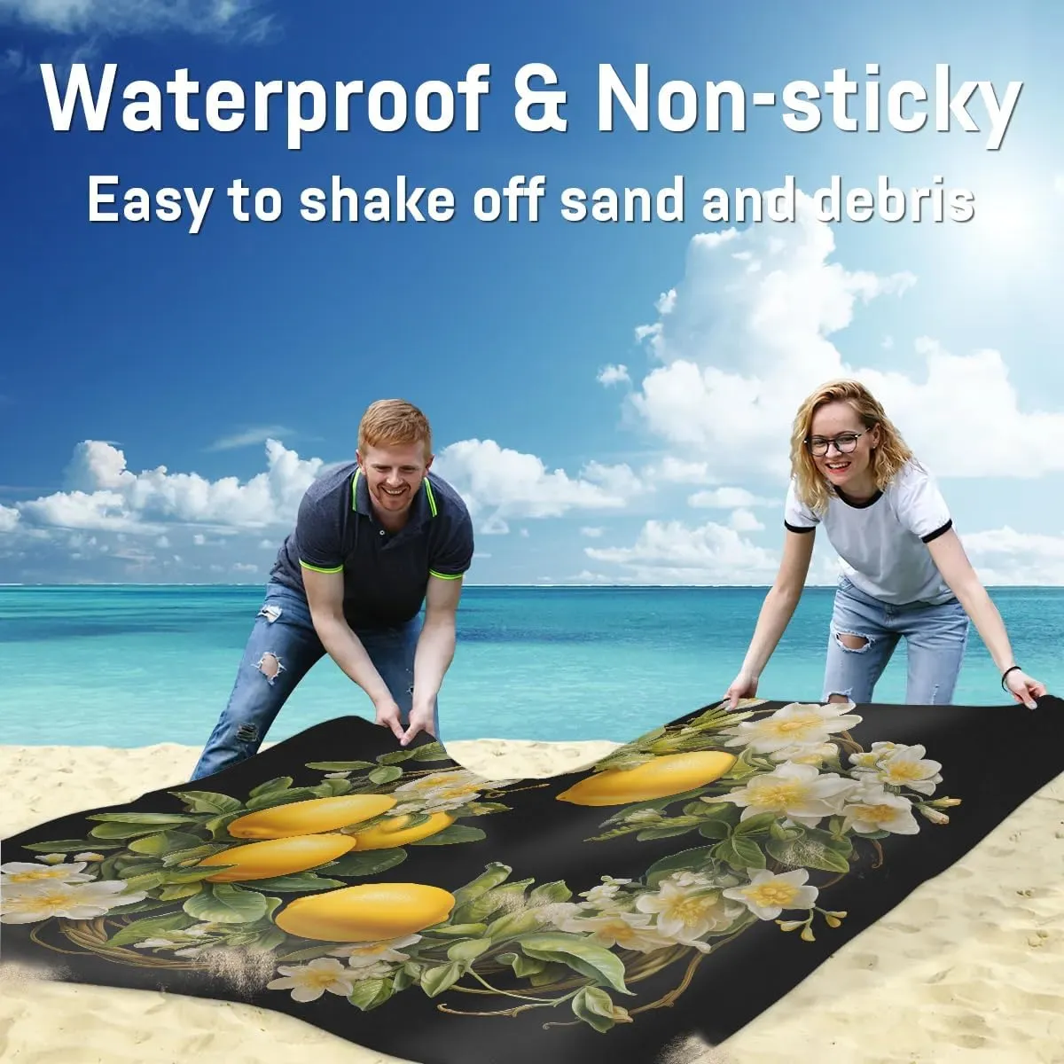 Beach Blanket, Summer Lemons Sandproof Beach Mat, Waterproof Quick Drying Sand Free Mat with 4 x Ground Spikes for Outdoor Travel Camping Hiking, White Floral 68 x 59 in