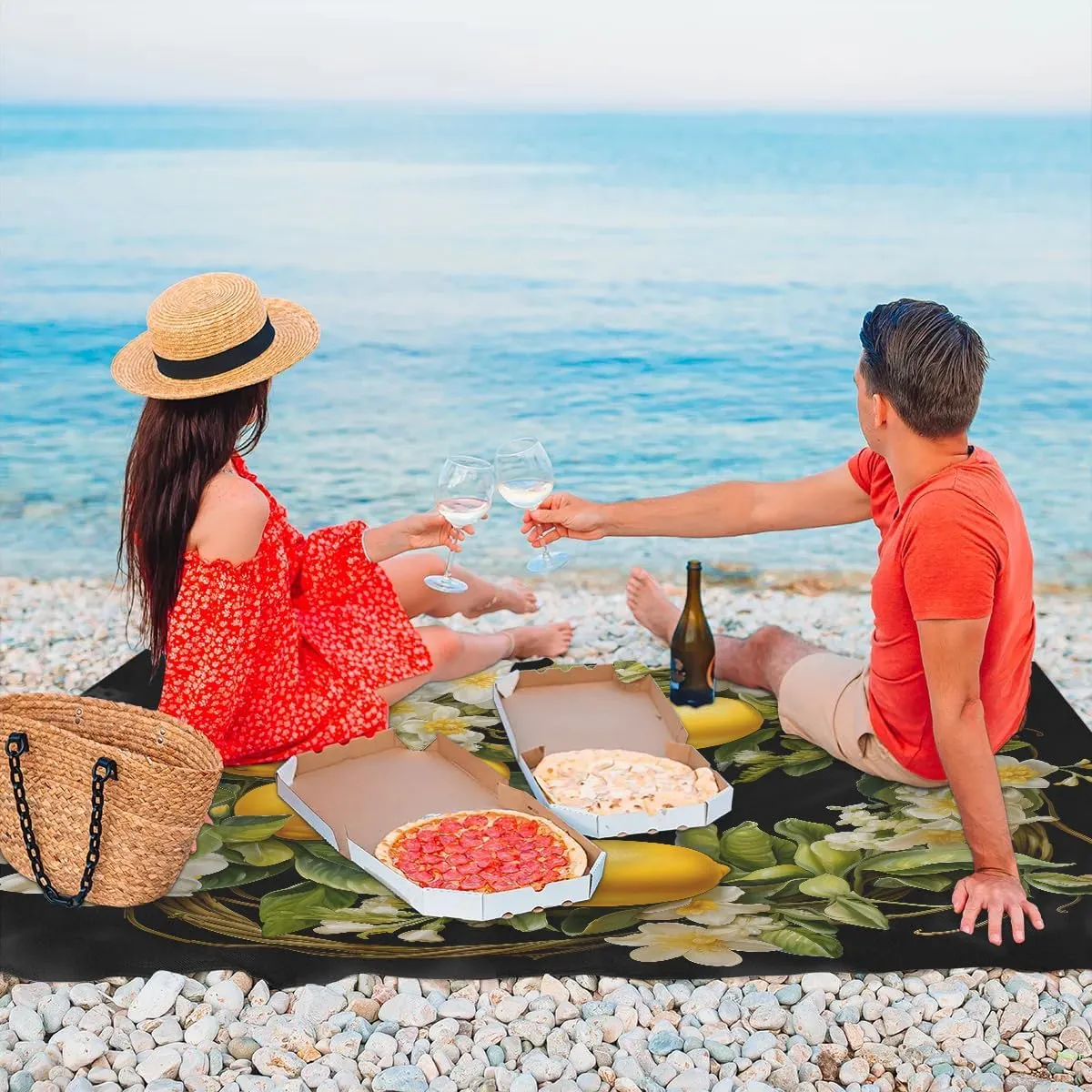 Beach Blanket, Summer Lemons Sandproof Beach Mat, Waterproof Quick Drying Sand Free Mat with 4 x Ground Spikes for Outdoor Travel Camping Hiking, White Floral 68 x 59 in