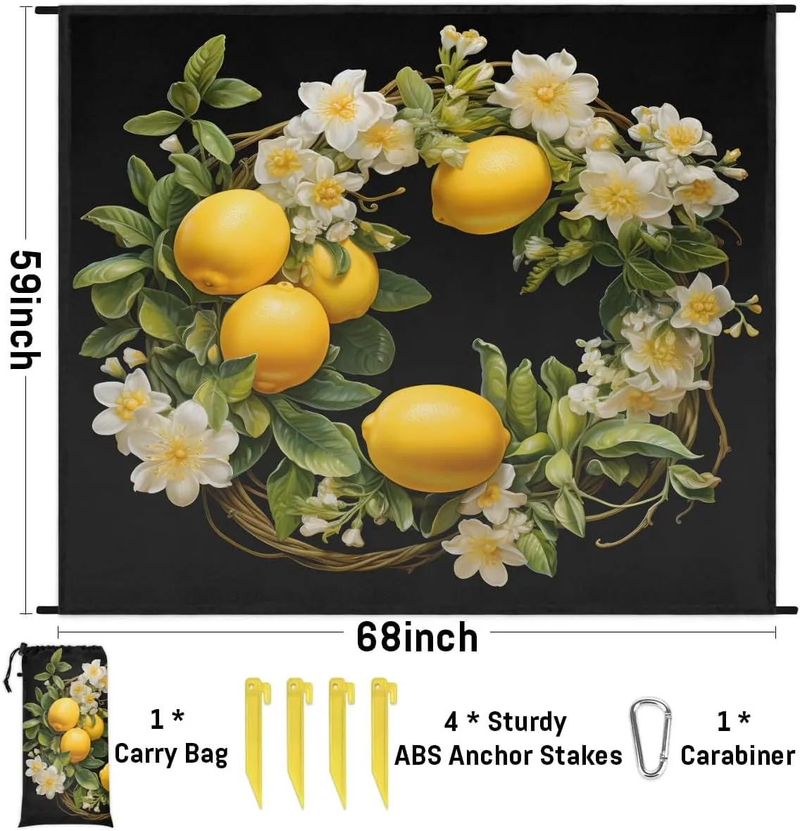 Beach Blanket, Summer Lemons Sandproof Beach Mat, Waterproof Quick Drying Sand Free Mat with 4 x Ground Spikes for Outdoor Travel Camping Hiking, White Floral 68 x 59 in