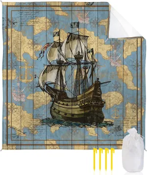 Beach Blanket, Vintage World Map Retro Nautical Sailboat Wood Grain Beach Mat 83"x79" Large Picnic Blanket,Sandproof Waterproof Outdoor Beach Blankets for Travel Camping Hiking Beach Vacation