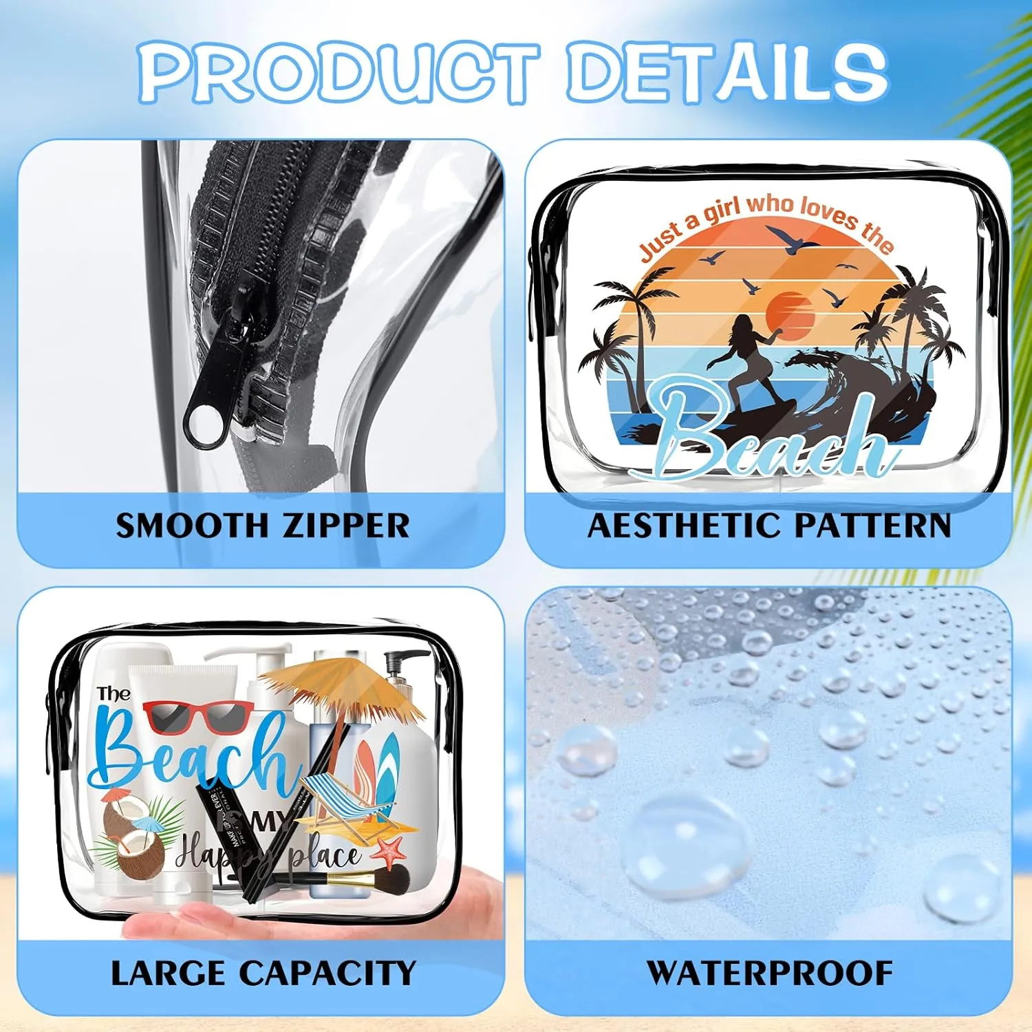 Beach Clear Makeup Bags - 6Pcs Summer Beach Bags Bulk，Waterproof Cosmetic Toiletry Purse Pouch, Women Girls Weekend Vacation Trip Travel Gifts, Beaches Party Favors Essentials Accessories