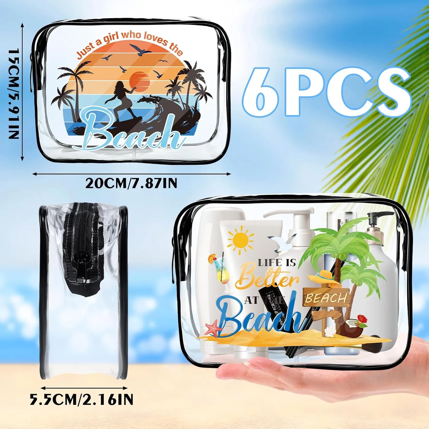 Beach Clear Makeup Bags - 6Pcs Summer Beach Bags Bulk，Waterproof Cosmetic Toiletry Purse Pouch, Women Girls Weekend Vacation Trip Travel Gifts, Beaches Party Favors Essentials Accessories