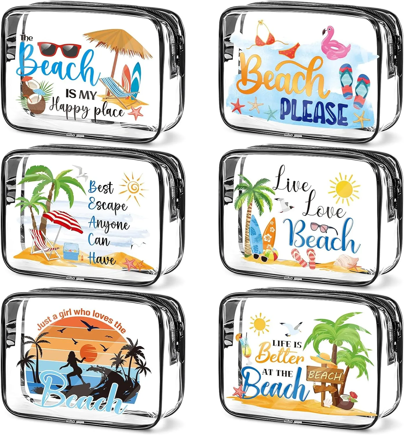 Beach Clear Makeup Bags - 6Pcs Summer Beach Bags Bulk，Waterproof Cosmetic Toiletry Purse Pouch, Women Girls Weekend Vacation Trip Travel Gifts, Beaches Party Favors Essentials Accessories