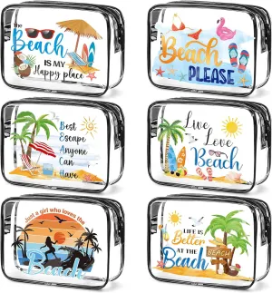 Beach Clear Makeup Bags - 6Pcs Summer Beach Bags Bulk，Waterproof Cosmetic Toiletry Purse Pouch, Women Girls Weekend Vacation Trip Travel Gifts, Beaches Party Favors Essentials Accessories