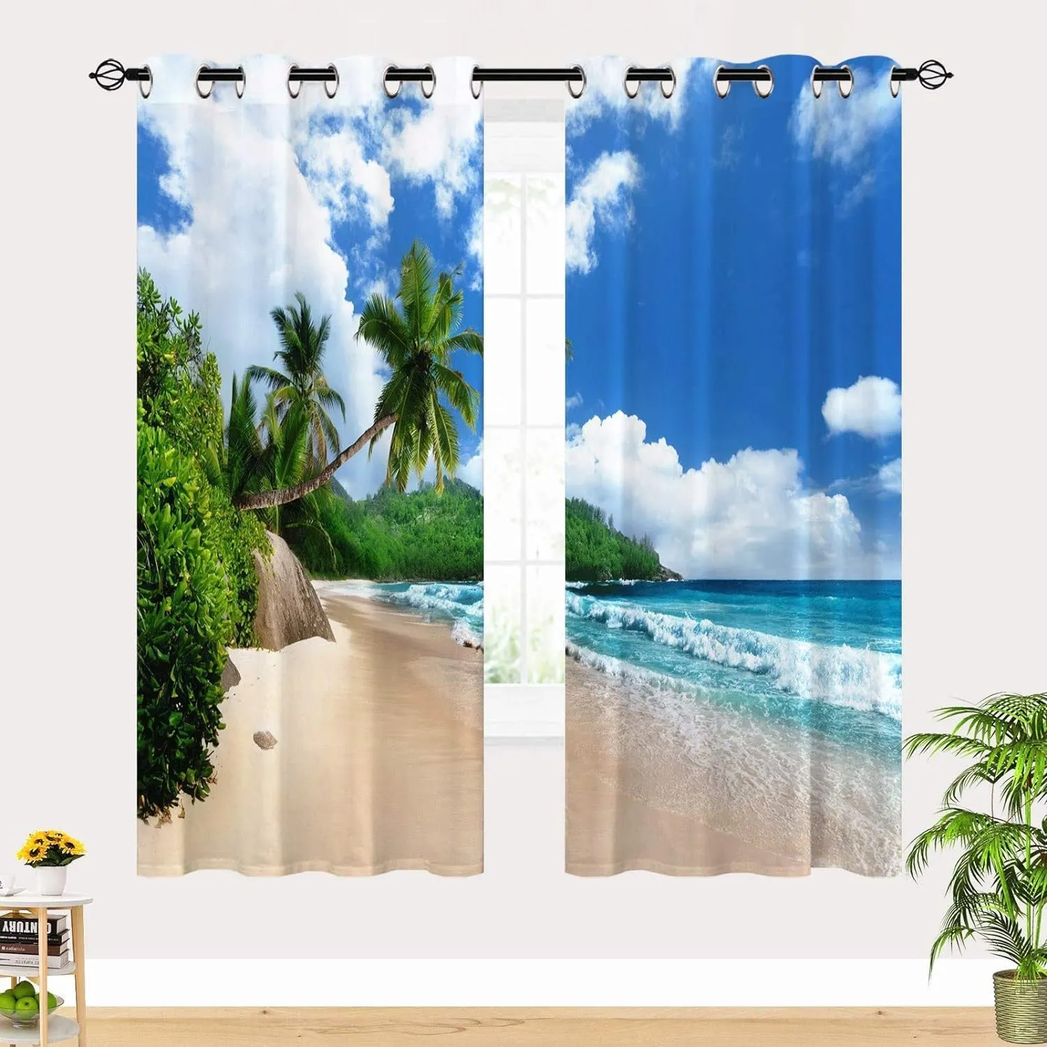 Beach Curtains W27.5 x L39 Inch Grommet Tropical Coastal Island Palm Trees Summer Ocean Waves Pattern Waterproof Fabric Window Drapes for Bedroom Kitchen Bathroom Window Small Closet 2 Panels