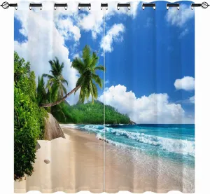 Beach Curtains W27.5 x L39 Inch Grommet Tropical Coastal Island Palm Trees Summer Ocean Waves Pattern Waterproof Fabric Window Drapes for Bedroom Kitchen Bathroom Window Small Closet 2 Panels