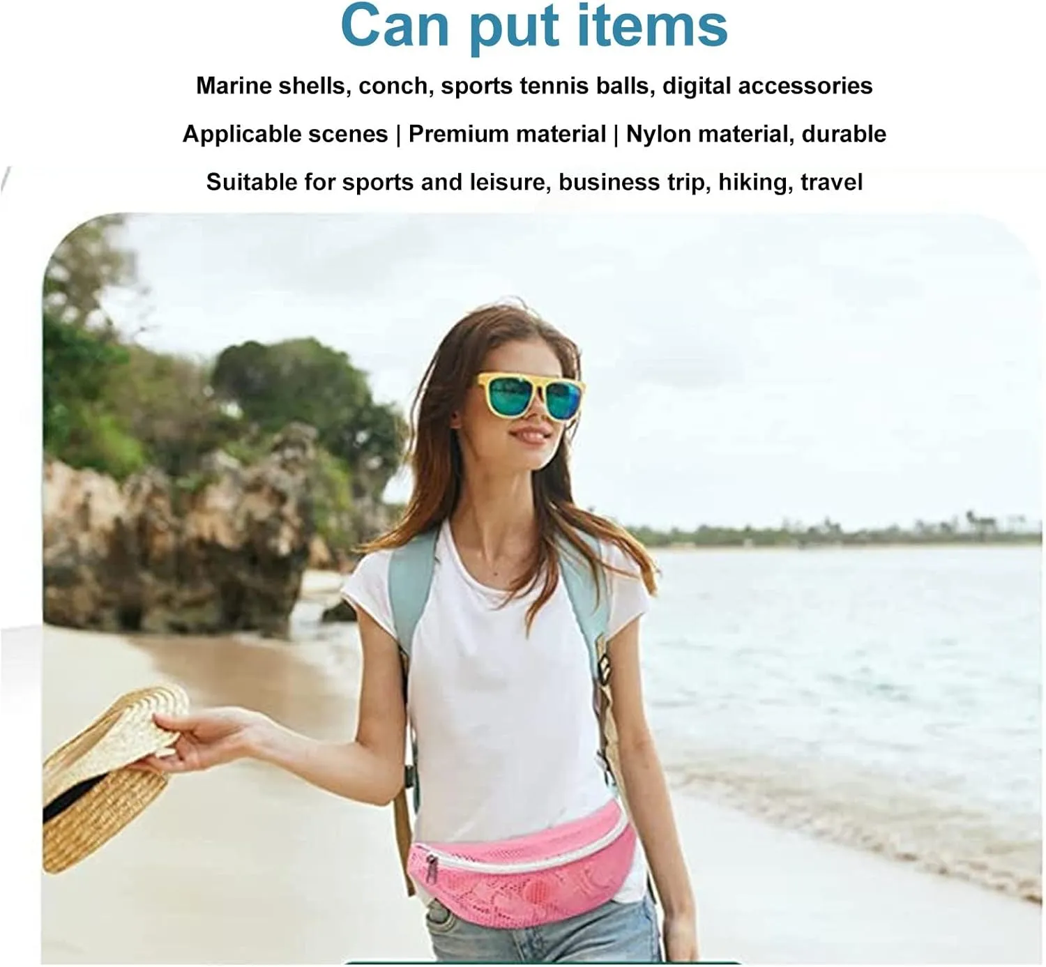 Beach Mesh Fanny Pack, Mesh Sports Waist Pack Lightweight Breathable Outdoor Sports Waist Pack for Workout, Festival, Sports Events Swimming, Gym