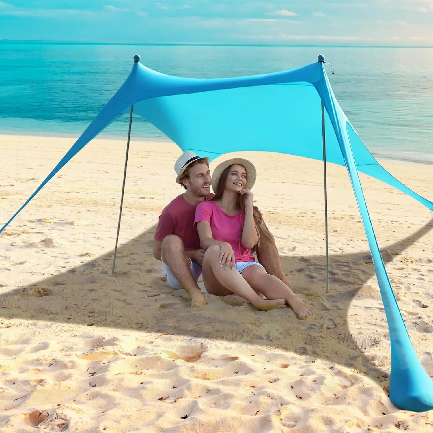 Beach Tent - Beach Shade UPF 50  UV Protection, 9.8 x 6.5 FT, Anti-Wind Beach Canopy with 2 Poles, 2 Windproof Ropes, 1 Portable Bag, Beach Tent Sun Shelter Perfect for Picnics, Outdoors - Turquoise
