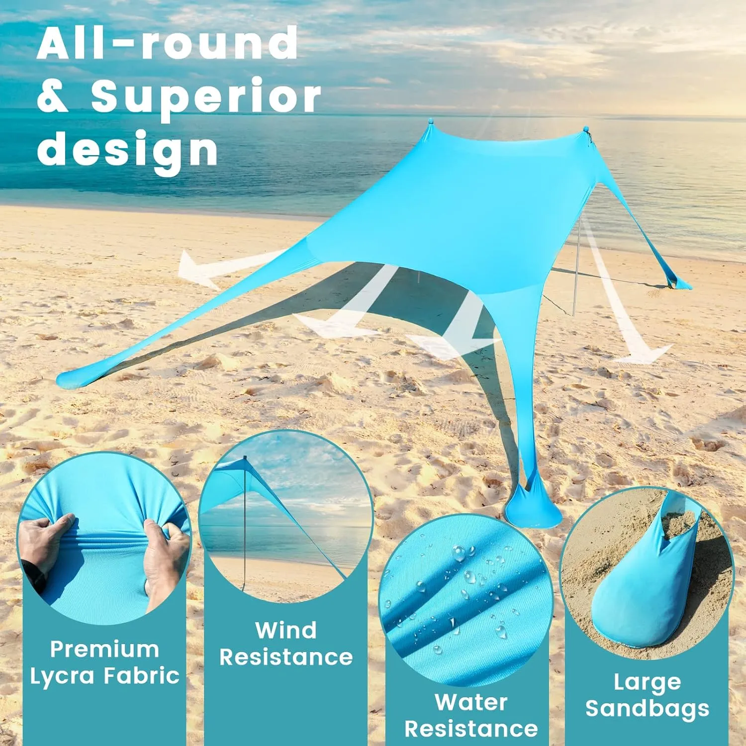 Beach Tent - Beach Shade UPF 50  UV Protection, 9.8 x 6.5 FT, Anti-Wind Beach Canopy with 2 Poles, 2 Windproof Ropes, 1 Portable Bag, Beach Tent Sun Shelter Perfect for Picnics, Outdoors - Turquoise