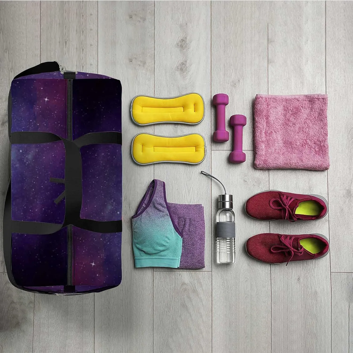 Beautiful Universe Galaxy Sports Duffel Bag Travel Gym Tote Bags Lightweight Durable Shoulder Strap Waterproof Polyester Outside Mesh Pocket Overnight Trip Duffel Bag for Women Men