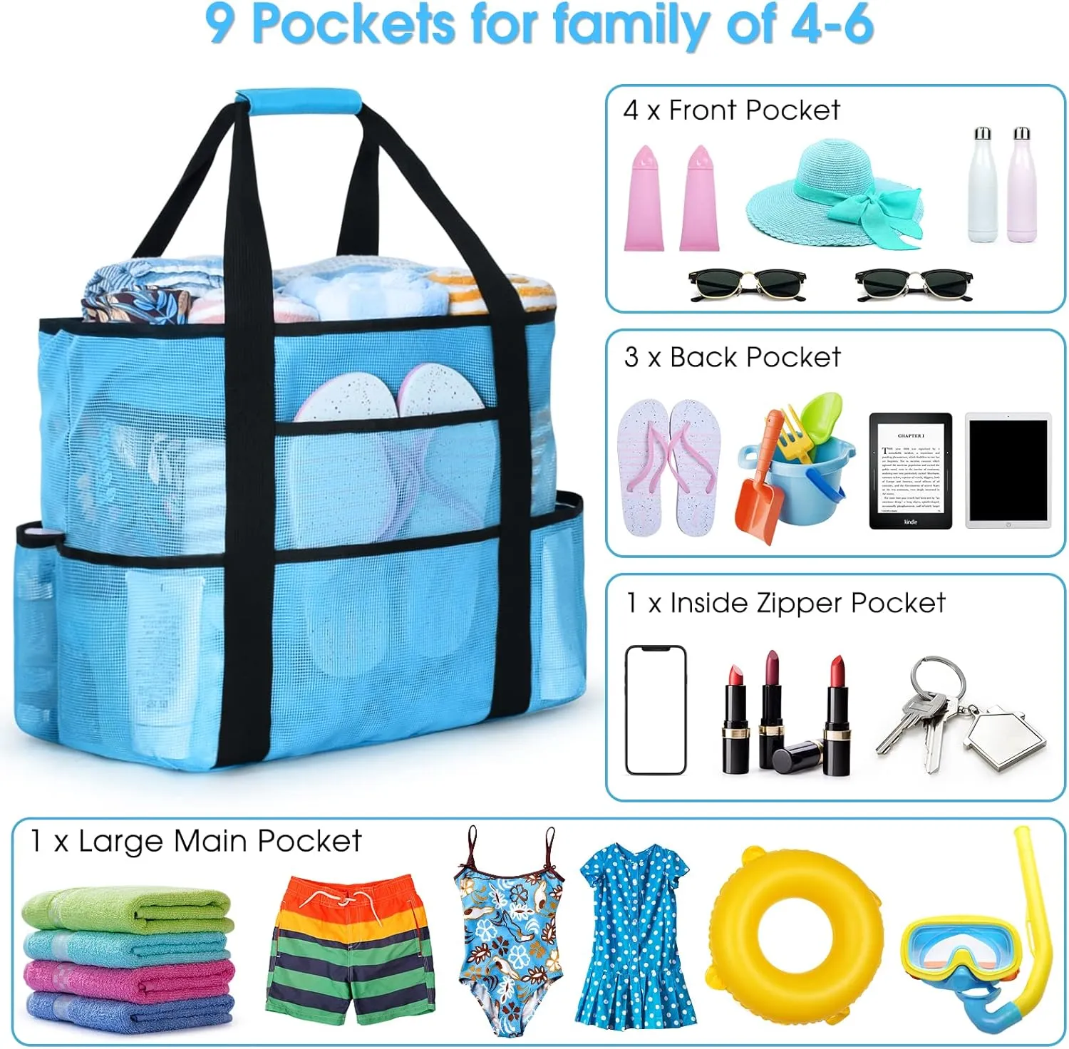 Becokan Beach Bags for Women Mesh Beach Bag for Women Swim Pool Bag Beach Tote Bag for Vacation Zipper Closure 9 Pockets