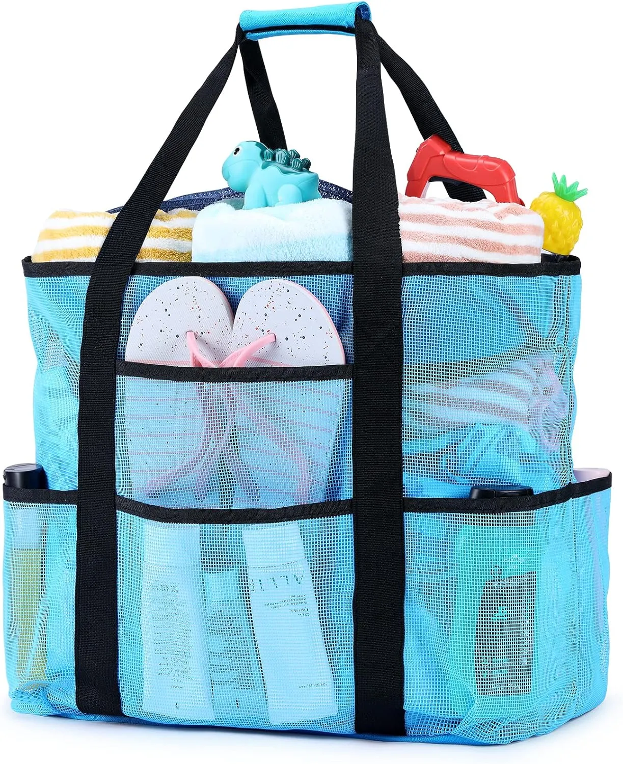 Becokan Beach Bags for Women Mesh Beach Bag for Women Swim Pool Bag Beach Tote Bag for Vacation Zipper Closure 9 Pockets