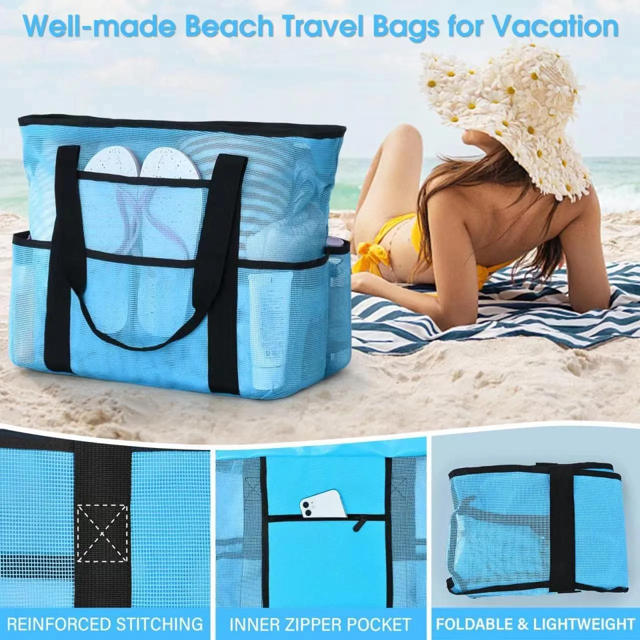 Becokan Beach Bags for Women Mesh Beach Bag for Women Swim Pool Bag Beach Tote Bag for Vacation Zipper Closure 9 Pockets