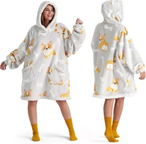 Bedsure Wearable Blanket Hoodie, Sherpa Hooded Blanket Printed for Adult & Kids as Gifts for Women, Mom Gifts Sherpa Hoodie, Standard, Corgi, Silver Grey