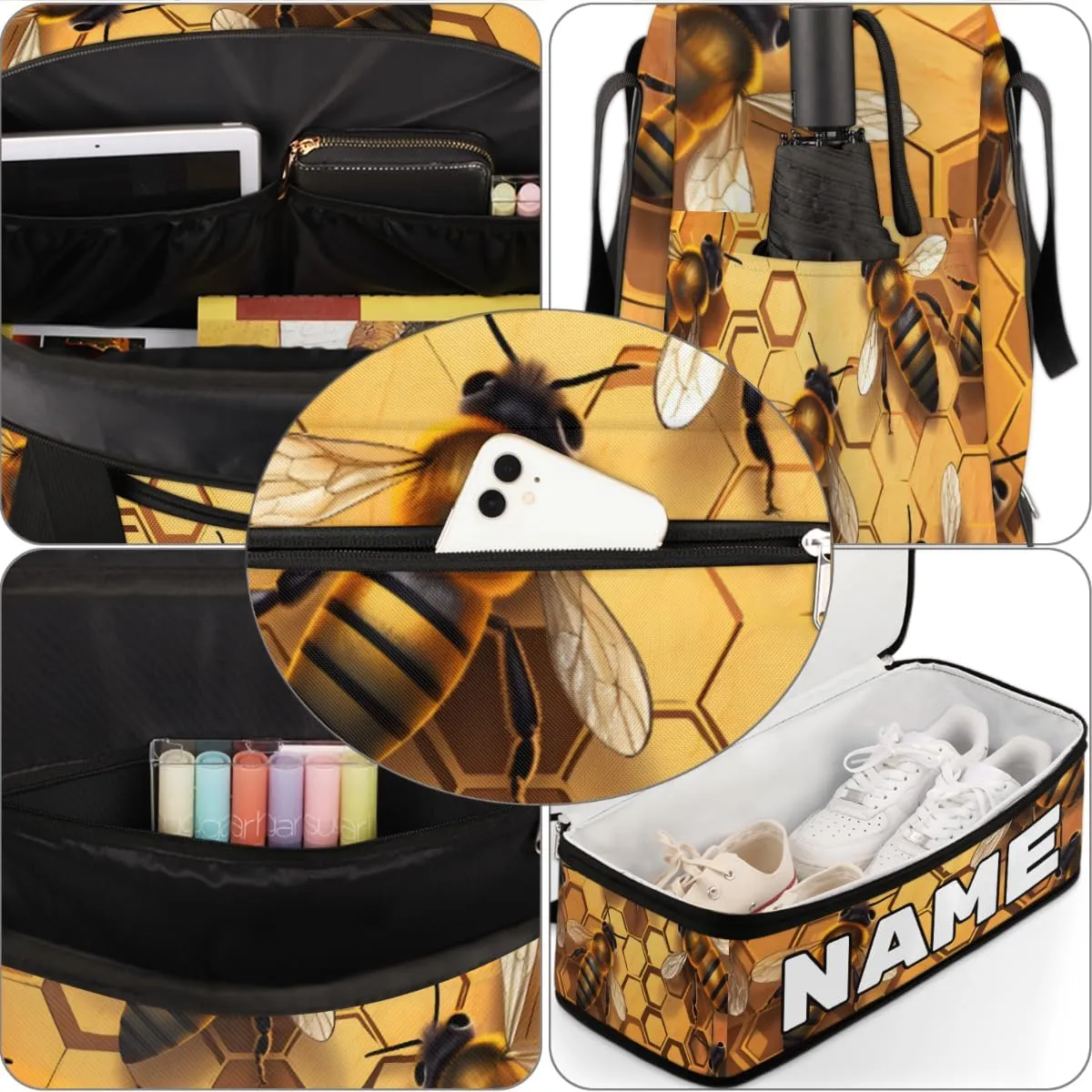 Bee Print Custom Foldable Duffle Bag with Shoes Compartment Personalized Large Capacity Waterproof Travel Weekender Bag Overnight Bag for Sports Gym