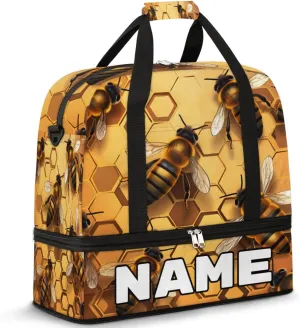Bee Print Custom Foldable Duffle Bag with Shoes Compartment Personalized Large Capacity Waterproof Travel Weekender Bag Overnight Bag for Sports Gym