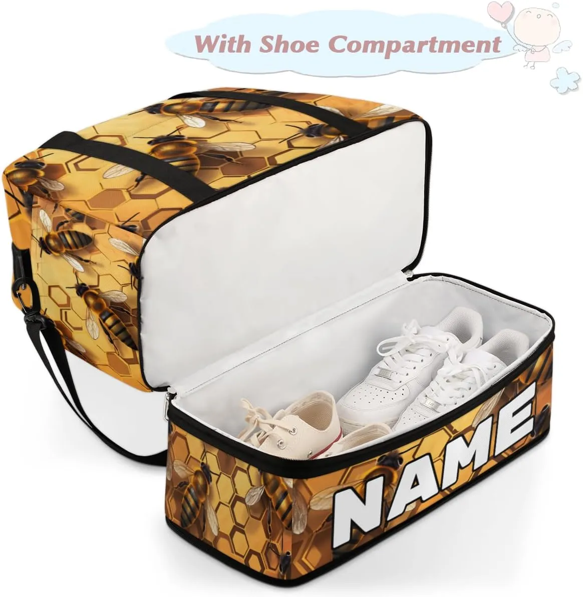 Bee Print Custom Foldable Duffle Bag with Shoes Compartment Personalized Large Capacity Waterproof Travel Weekender Bag Overnight Bag for Sports Gym