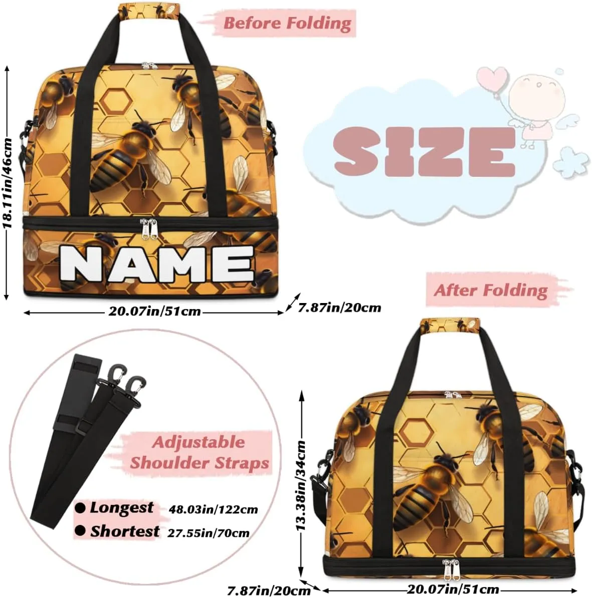 Bee Print Custom Foldable Duffle Bag with Shoes Compartment Personalized Large Capacity Waterproof Travel Weekender Bag Overnight Bag for Sports Gym
