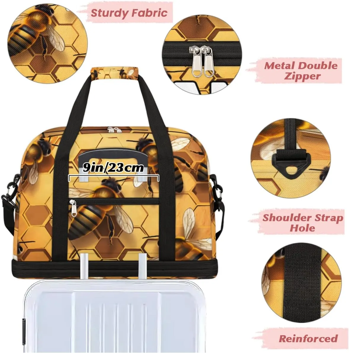 Bee Print Custom Foldable Duffle Bag with Shoes Compartment Personalized Large Capacity Waterproof Travel Weekender Bag Overnight Bag for Sports Gym