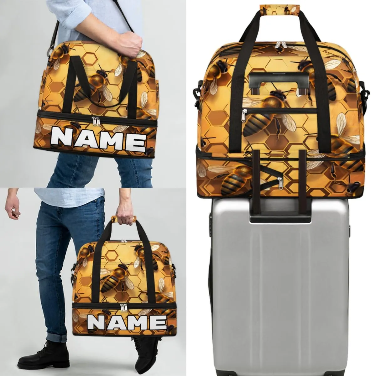 Bee Print Custom Foldable Duffle Bag with Shoes Compartment Personalized Large Capacity Waterproof Travel Weekender Bag Overnight Bag for Sports Gym