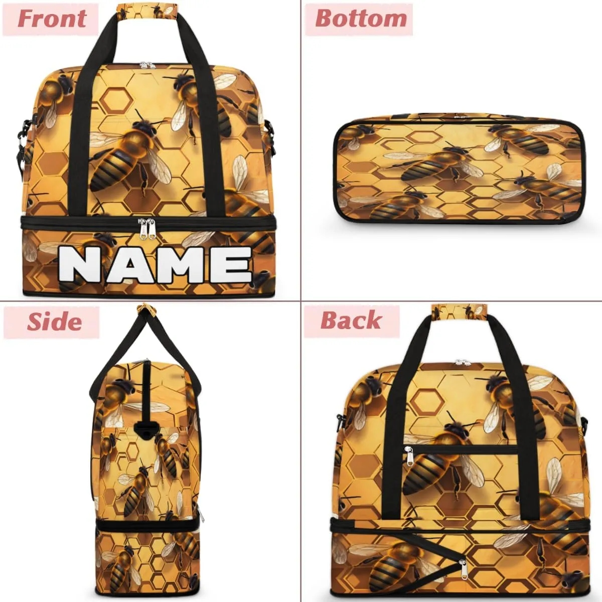 Bee Print Custom Foldable Duffle Bag with Shoes Compartment Personalized Large Capacity Waterproof Travel Weekender Bag Overnight Bag for Sports Gym