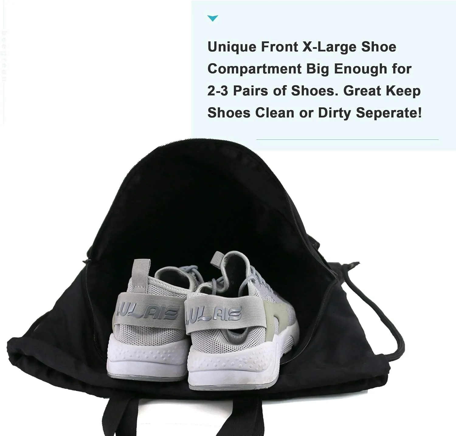 BeeGreen Drawstring Backpack Bag with Shoe Compartment, X-Large Black Gym Sports String Cinch Backpack