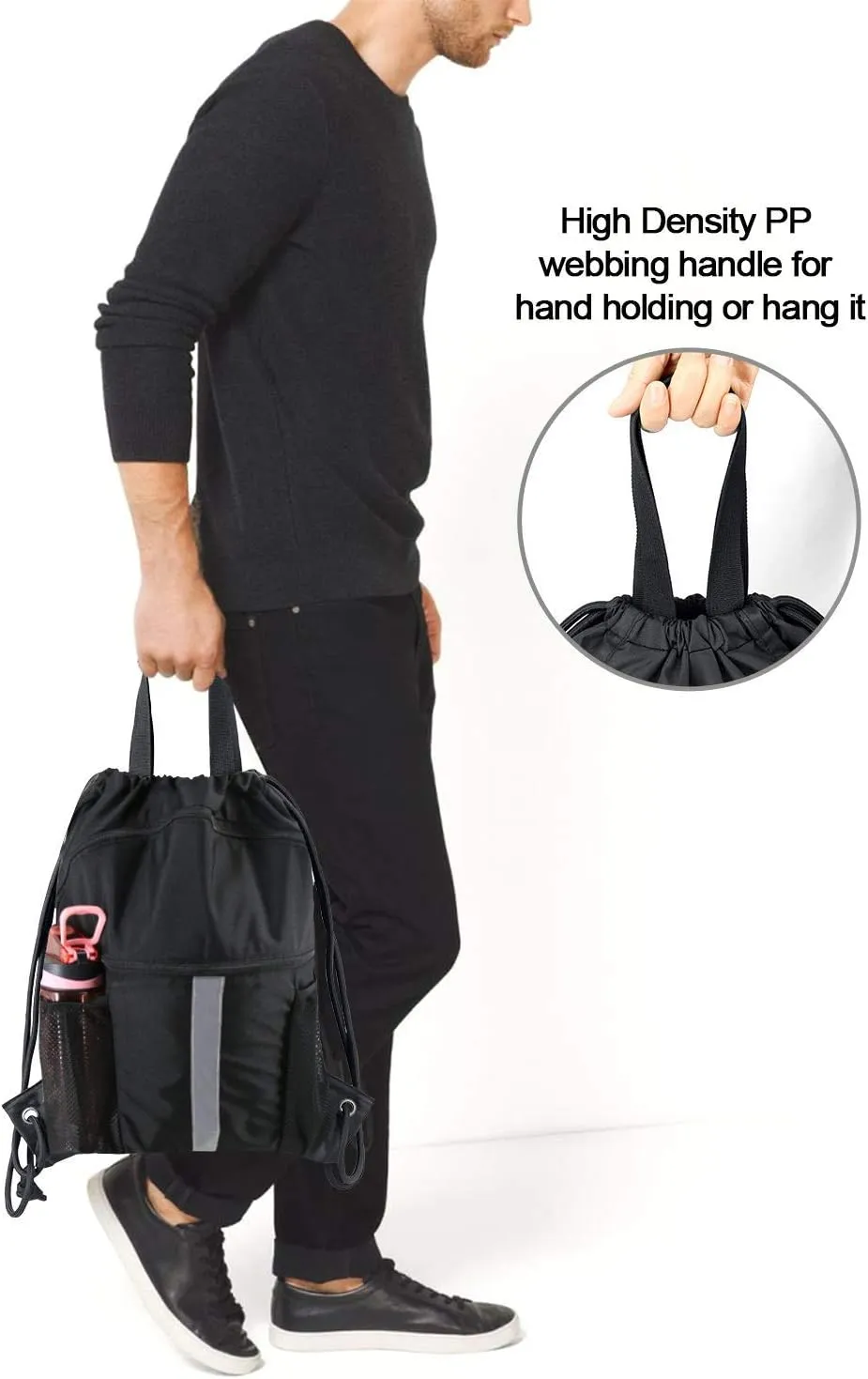 BeeGreen Drawstring Backpack Bag with Shoe Compartment, X-Large Black Gym Sports String Cinch Backpack