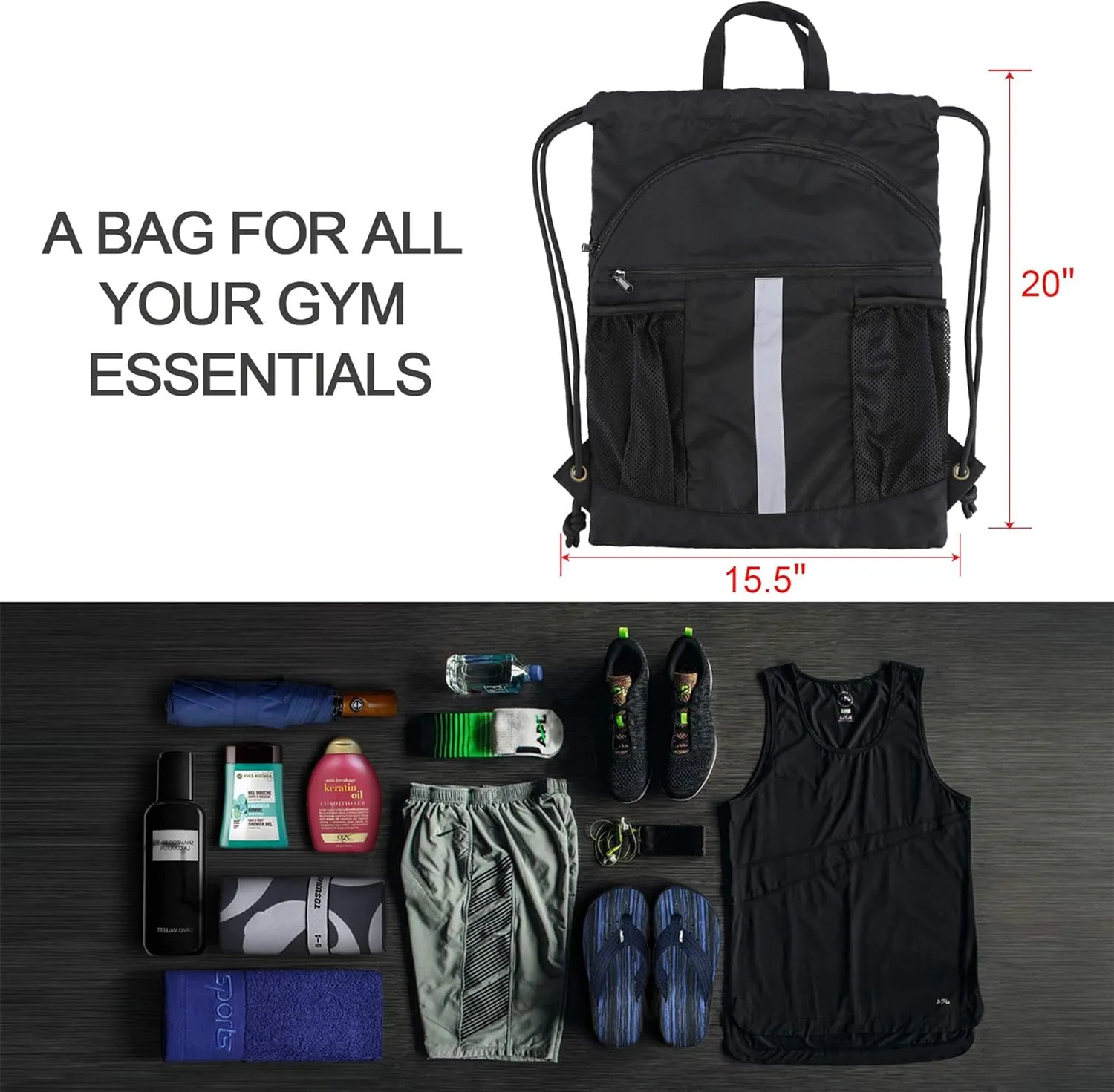 BeeGreen Drawstring Backpack Bag with Shoe Compartment, X-Large Black Gym Sports String Cinch Backpack