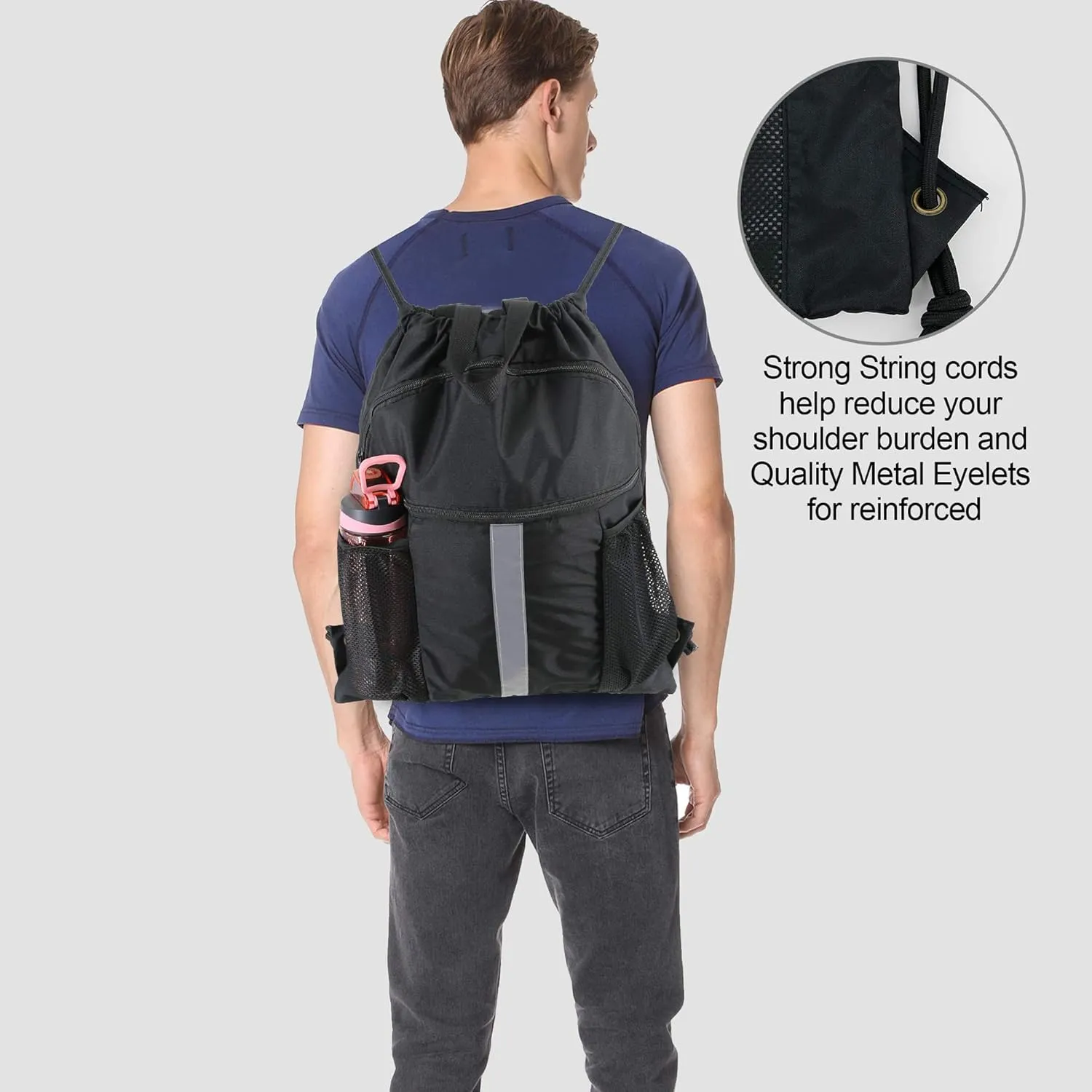 BeeGreen Drawstring Backpack Bag with Shoe Compartment, X-Large Black Gym Sports String Cinch Backpack