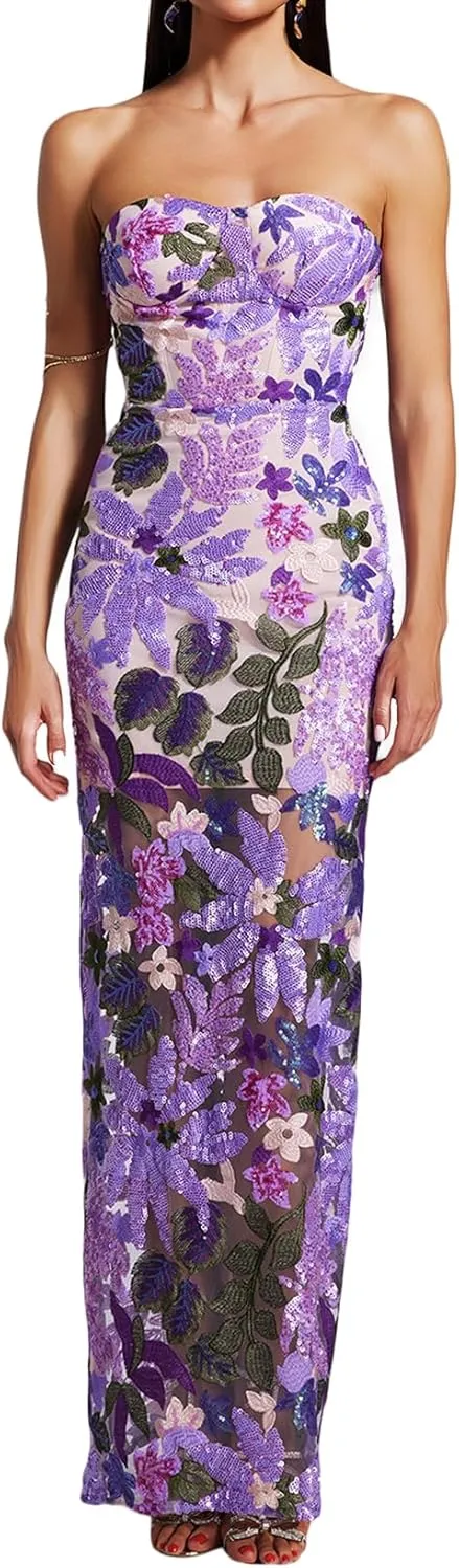 BELLA BARNETT Purple Printed Floral Dress Romantic Tube Dress Sleeveless Sequin Dress