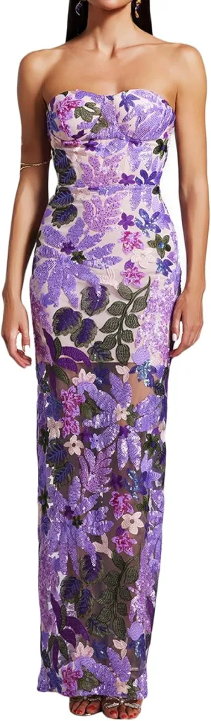 BELLA BARNETT Purple Printed Floral Dress Romantic Tube Dress Sleeveless Sequin Dress