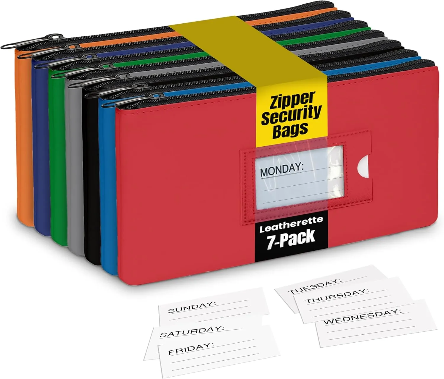 Better Office Products 7 Pack, 7 Days Zipper Security Bank Deposit Bag, Clear Window & 14 Insert Cards (Mon - Sun   Blank), Leatherette, 11.25" x 6.25", Cash Bag, Utility Pouch, Assorted 7 Colors