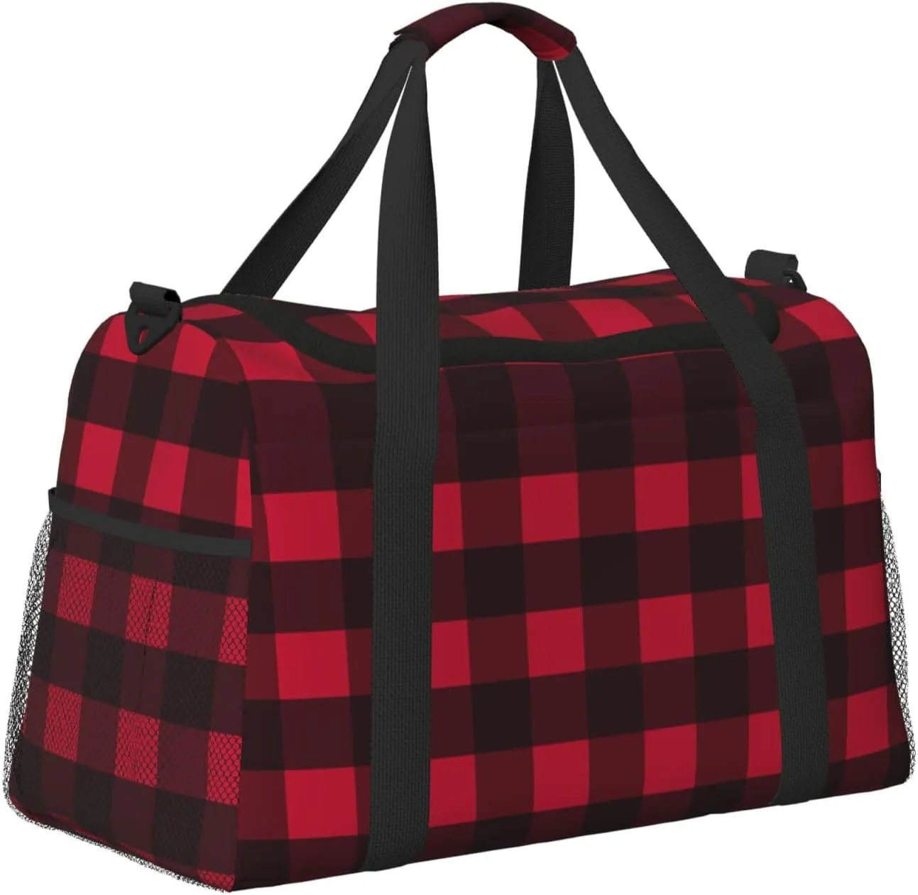 Black And Red Grid Travel Duffel Bag Large Foldable Waterproof Overnight Bag For Beach Swim Bags Pool Sports Gym