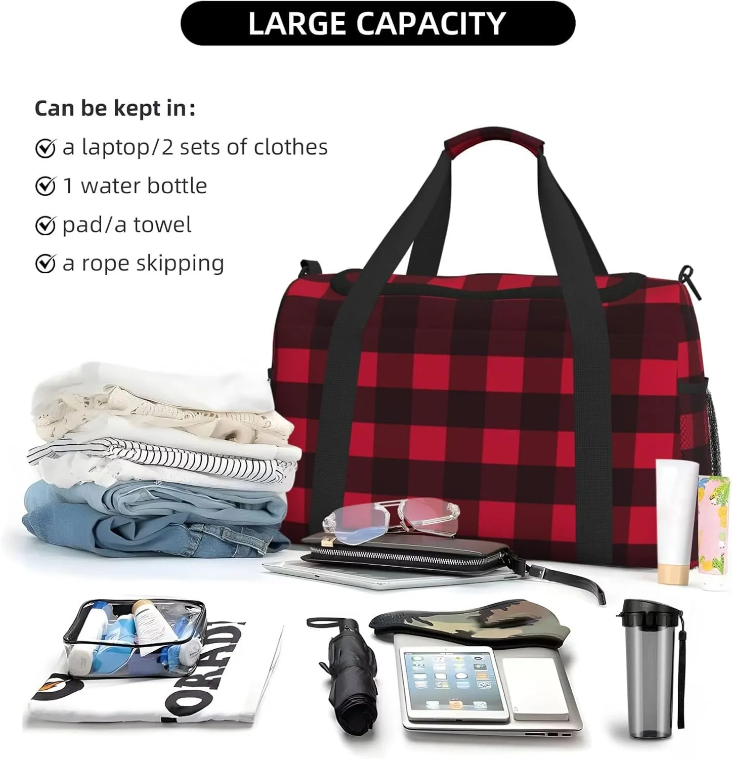 Black And Red Grid Travel Duffel Bag Large Foldable Waterproof Overnight Bag For Beach Swim Bags Pool Sports Gym