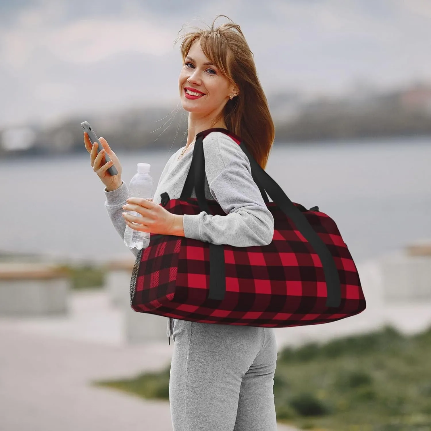Black And Red Grid Travel Duffel Bag Large Foldable Waterproof Overnight Bag For Beach Swim Bags Pool Sports Gym