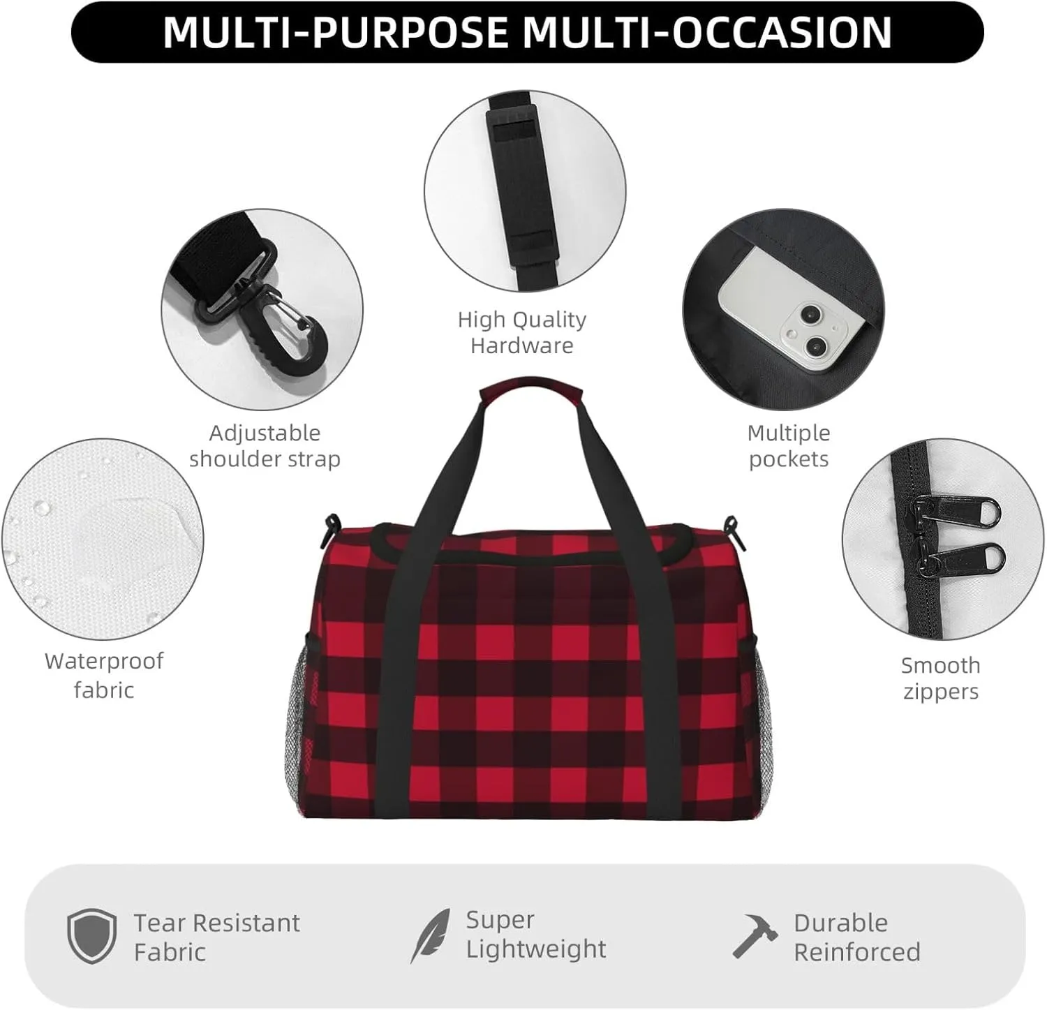 Black And Red Grid Travel Duffel Bag Large Foldable Waterproof Overnight Bag For Beach Swim Bags Pool Sports Gym