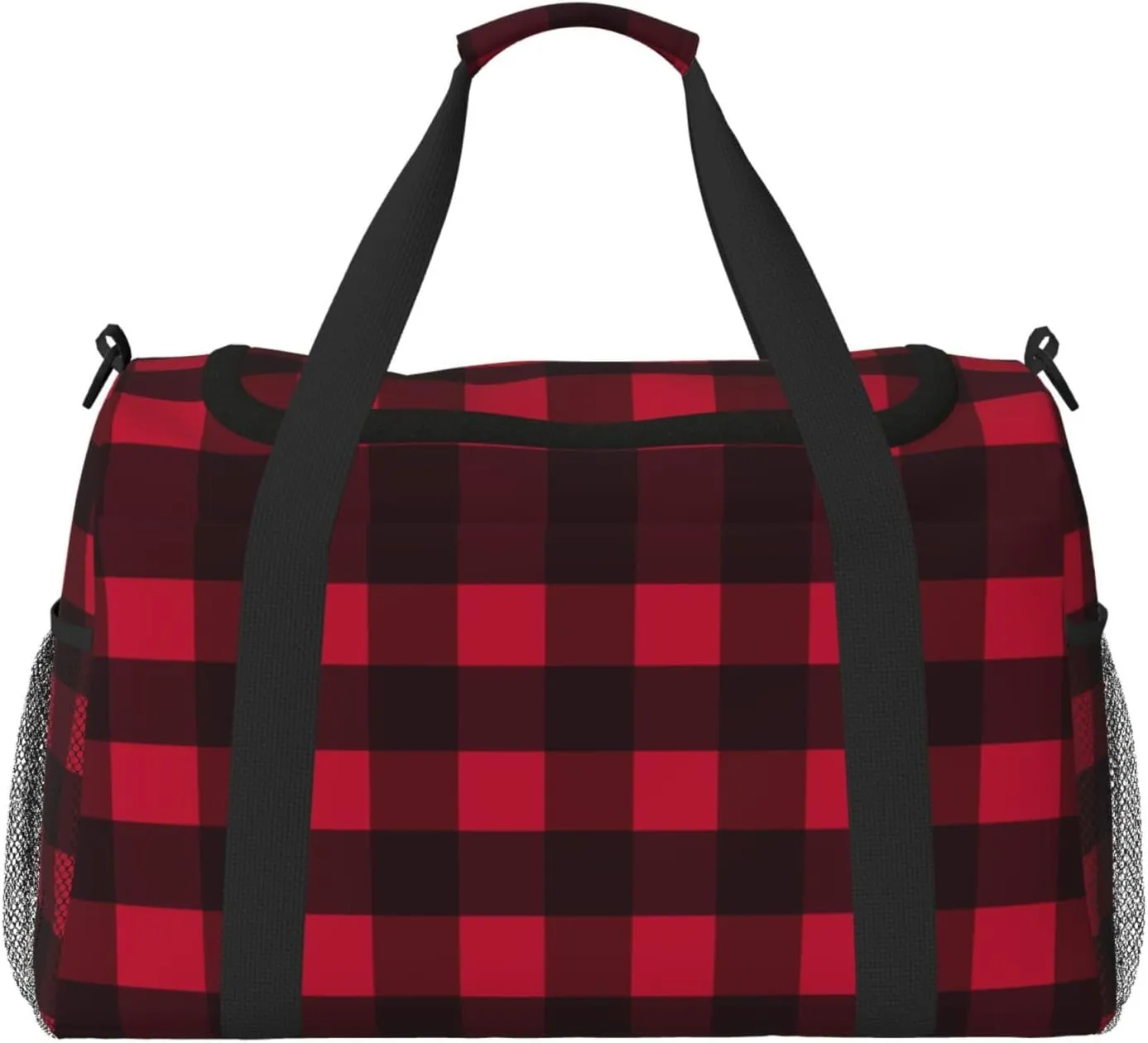 Black And Red Grid Travel Duffel Bag Large Foldable Waterproof Overnight Bag For Beach Swim Bags Pool Sports Gym