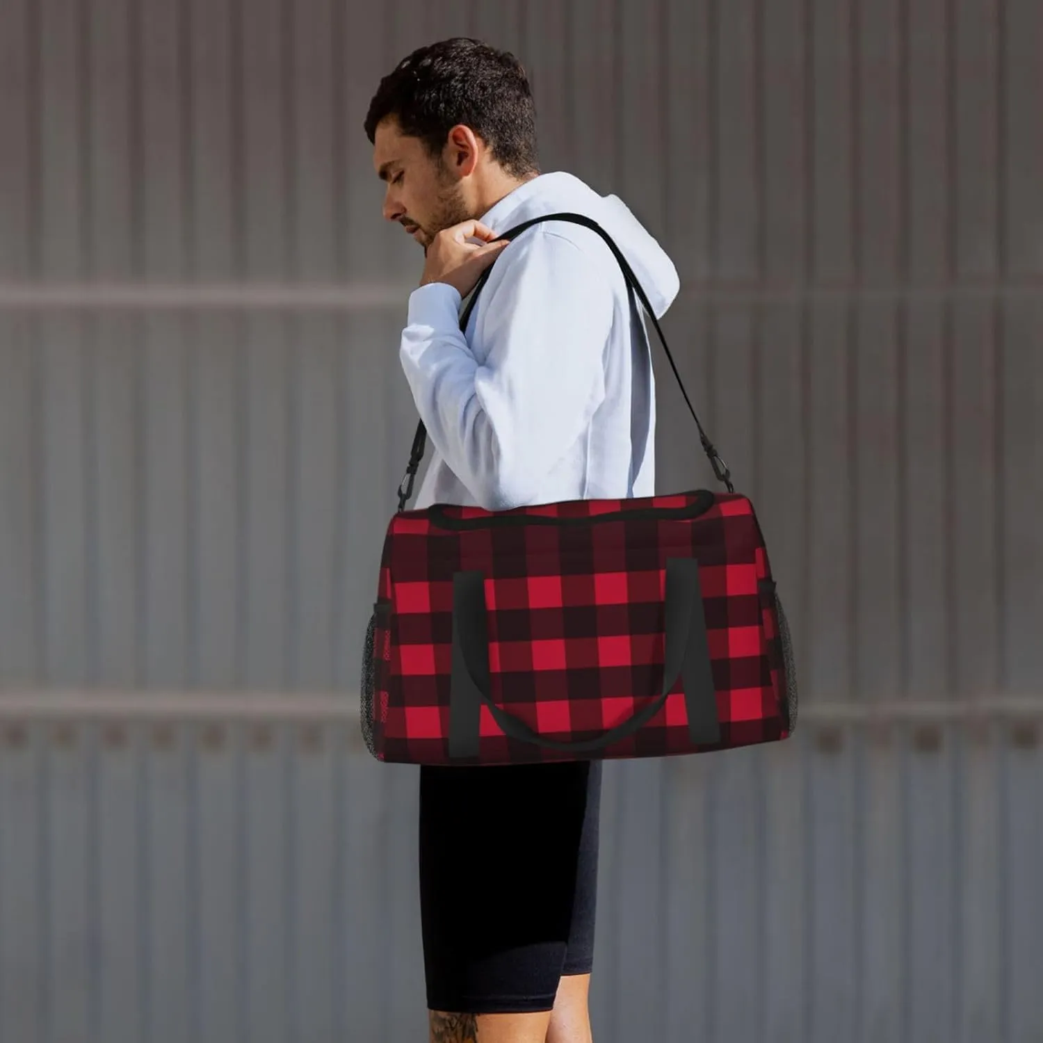 Black And Red Grid Travel Duffel Bag Large Foldable Waterproof Overnight Bag For Beach Swim Bags Pool Sports Gym